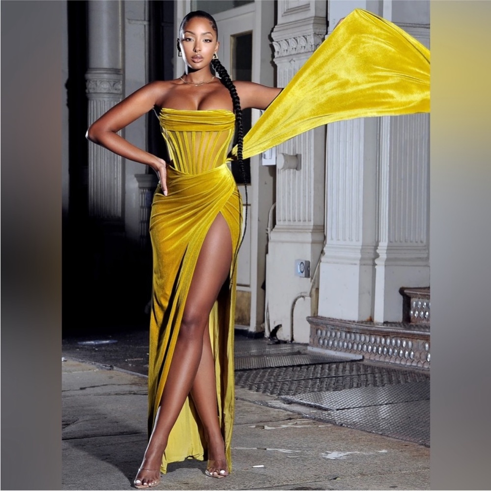 Miss circle gold gown with sheer corset
